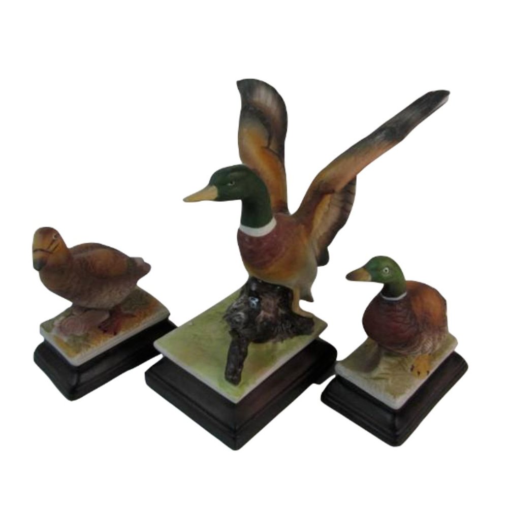 Lot of 3 Ceramic Duck Figurines each on a base Made in Taiwan Mallard Vintage